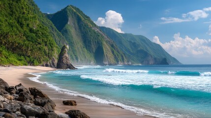 Scenic Coastal Beach with Green Cliffs and Blue Ocean Under Clear Sky