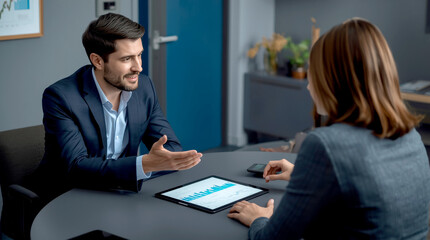 Financial Consultation and Trust.professional financial advisor is having a one-on-one meeting with a client in a comfortable and private office.They are seated at a table, looking at financial charts