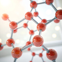 A molecular structure 3D render made of glowing spheres.