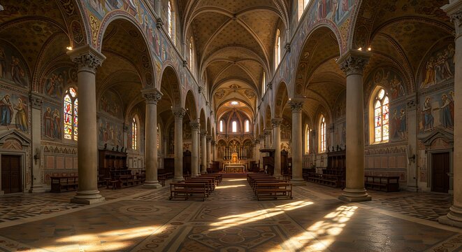Serene Sunlight Illuminates the Architectural Grandeur of a Historic Basilica Interior