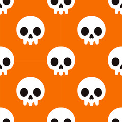 Vector halloween seamless pattern with white skulls on orange background. Spooky print for wrapping, cover and festive design.