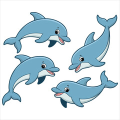 playful cartoon dolphins swimming in dynamic poses vector isolated on white background