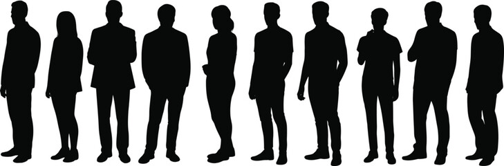 Adult silhouettes, standing poses, vector illustration, black figures, man, woman, professional attire, casual clothing, side view, front view, reference