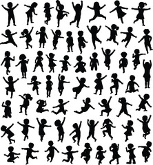 Children silhouettes, jumping poses, playful action, vector illustration, black figures, boy, girl, energetic movement, flat style, activity, reference, fun
