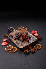 Craft home made chocolate with berries and fruits, delicious sweets. Craft chocolate