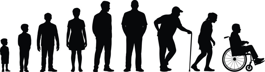 Human life cycle, aging progression, silhouette illustration, child to elderly, wheelchair figure, black vector, growth stages, flat style, reference image