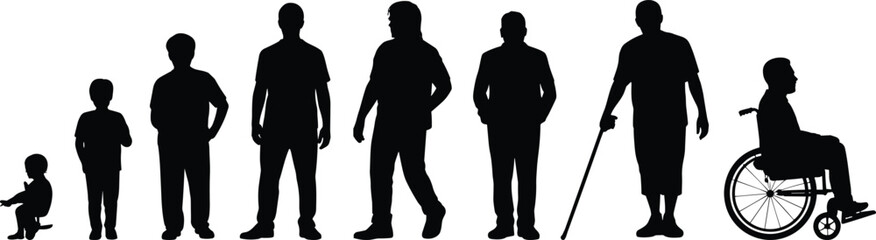 Human life cycle, age progression, silhouette illustration, child to elderly, wheelchair figure, black vector, growth stages, aging timeline, flat style