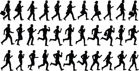 Human motion silhouettes, walking and running figures, side profile poses, black vector illustration, movement cycle, athletic stride, animation reference, crowd behavior
