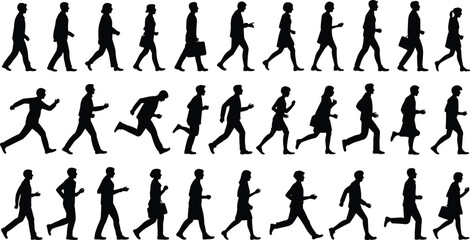 Human motion silhouettes, walking and running figures, side profile poses, black vector illustration, movement study, athletic stride, crowd behavior, animation reference