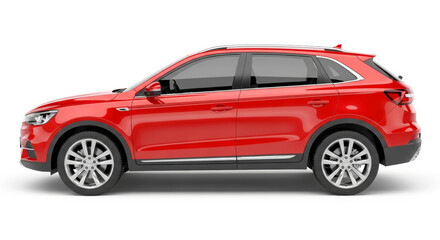Obraz premium Sleek red SUV showcasing modern design and vibrant color against a clean white backdrop for advertising
