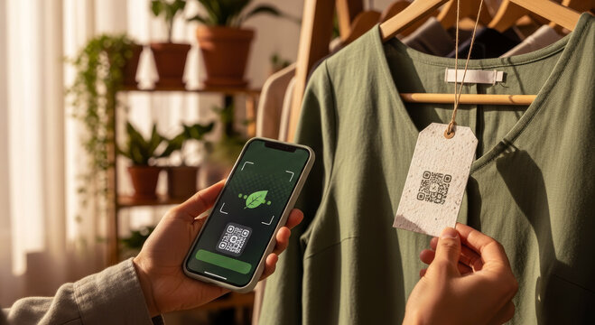 Scanning QR code on sustainable fashion tag with ethical sourcing app on phone for eco friendly apparel
