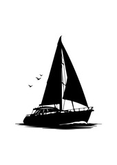 Silhouette of a Sailing Yacht with Birds
