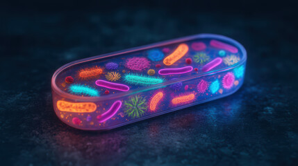 A vibrant illustration of colorful bacteria and microorganisms in a petri dish, showcasing the beauty of microbial life under glowing lights.