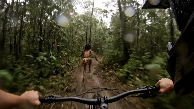 A thrilling first person point of view from a mountain bike chasing a woman through a muddy and dense jungle path in a chaotic and dangerous action scene