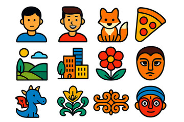 Fototapeta premium Collection of cartoon icons including a man, a woman, a dragon, a fox, a pizza