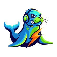 Esports Seal Mascot: A dynamic esports mascot featuring a blue seal character wearing a headset, exuding energy and sporting a lightning bolt.