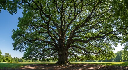 Fototapeta premium Majestic oak tree with sprawling branches against a clear blue sky in verdant landscape
