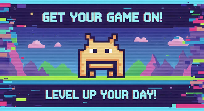 Retro gaming pixel art with landscape background