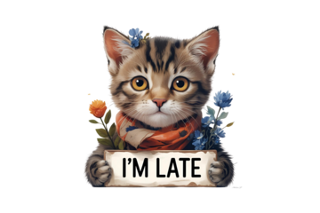 a cat holding a sign, this illustration has a look, the illustration is about lateness, this design has a transparent background