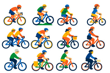 Fototapeta premium Group of people riding bicycles in various positions