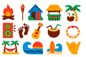Fototapeta premium Collection of tropical themed icons including a guitar, a surfboard