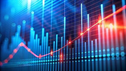 Closeup of a vibrant financial graph with a red line trending upwards, set against a backdrop of blue digital bars and grid lines, representing market growth and investment