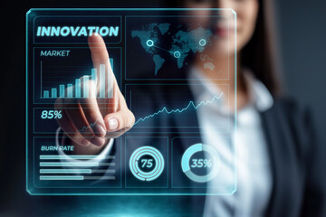 Businesswoman interacting with a futuristic touchscreen interface displaying innovation metrics, market data, and financial analytics, symbolizing technological advancement in business strategy