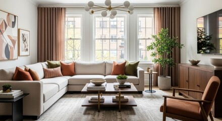 Fototapeta premium Elegant Living Room with Sectional Sofa and Modern Accents