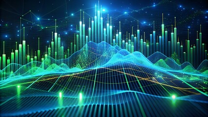 Abstract glowing digital landscape with futuristic data visualization, financial charts, and network connections, representing technology and innovation