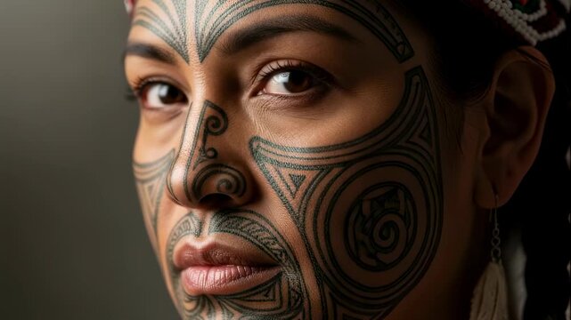 A woman with traditional facial tattoo patterns and closed eyes, depicting Moko artwork, cultural heritage, and spiritual connection. Footage.