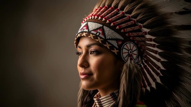 Woman in indigenous headdress with feathers, showcasing traditional native american culture and heritage footage.