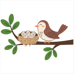 adorable bird perched beside nest with eggs vector art isolated on white background