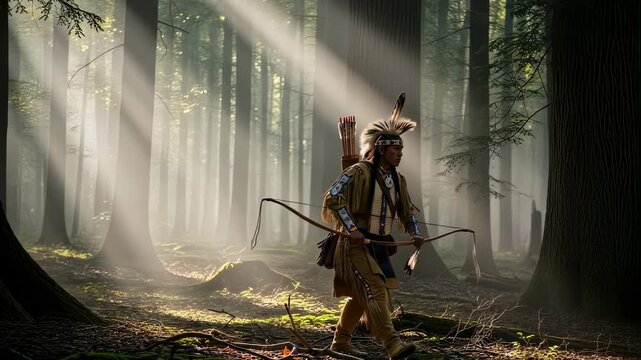 Indigenous man hunter walking with bow and arrow in sunlit forest. Ancient native american warrior on a hunt footage.