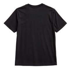 Plain black short sleeve t shirt viewed from the back isolated on transparent background