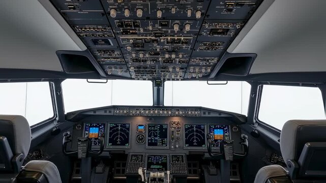 Aircraft flight deck with illuminated light up screens and overhead panel switches, modern airplane cockpit view, aviation technology footage.