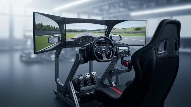 Realistic racing simulator setup with multiple screens providing immersive driving experience footage.