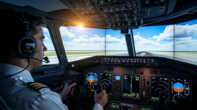 Male pilot in cockpit simulator showing aircraft control from sunny runway to clear blue sky, aviation training footage. - Powered by Adobe