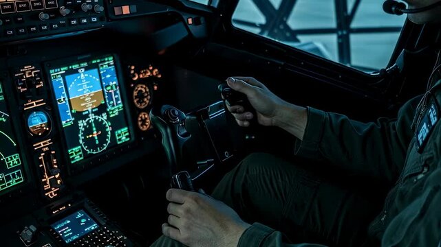 Man operating flight simulator, a male pilot maneuvering controls in cockpit with digital screens, avionic training concept footage.
