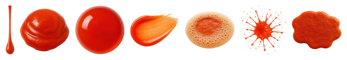 Red sauce set including drip, swirl, smooth dollop, smear, foamy, splash, and textured forms isolated. Food ingredient and culinary design elements.
