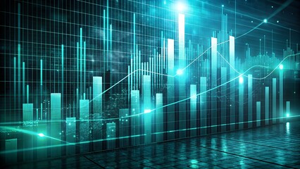 Abstract representation of financial data with vibrant teal lines and bars showcasing market trends and economic performance in a hightech digital environment