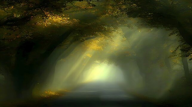 A misty forest path bathed in golden sunlight, illuminating a serene and tranquil woodland scene.