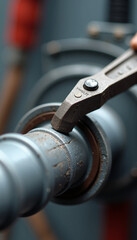 Investigating urban communication systems, metal tool repairs steel pipes. Metal tool is clamping ring, showing fix, adjust, and repair urban communication systems.