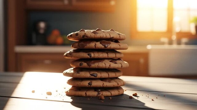 Delicious chocolate chip cookies stack on table in kitchen for dessert or snack time treat food baked goods video 4k Video 4k