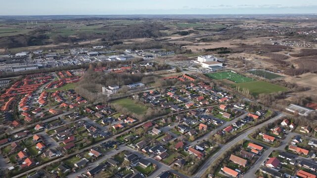 rotating aerial view of skyline in skanderborg denmark