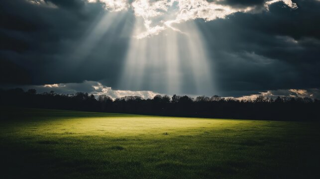 Lush green field under stormy skies with sunlight rays breaking through dark clouds, creating a peaceful and dramatic natural landscape.
