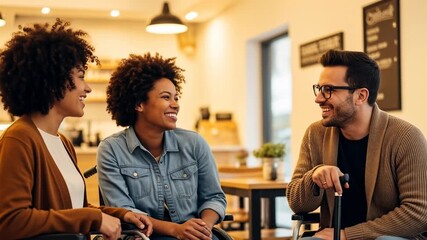 Happy disabled group of diverse friends in wheelchairs laughing in a cafe - Powered by Adobe