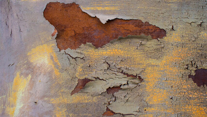Crumbling old paint - gray, brown, rusty, yellow.