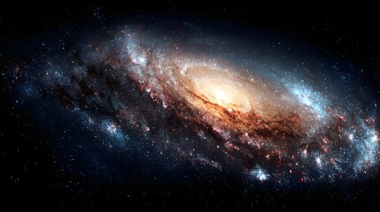 Obraz premium A breathtaking spiral galaxy, glowing with vibrant hues of gold, brown, and blue, fills the vast expanse of space, dotted with countless stars.