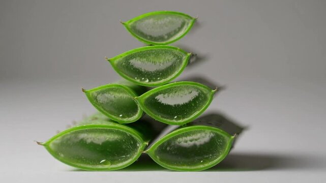 Macro graphy of Precisely Stacked Fresh Aloe Vera Leaf Sections Forming Geometric Pyramid Structure