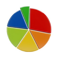 Obraz premium 3D pie chart with six colorful segments in red, orange, yellow, light green, dark green and blue, vibrant 3D data visualization for statistics, business analytics and presentation design. PNG